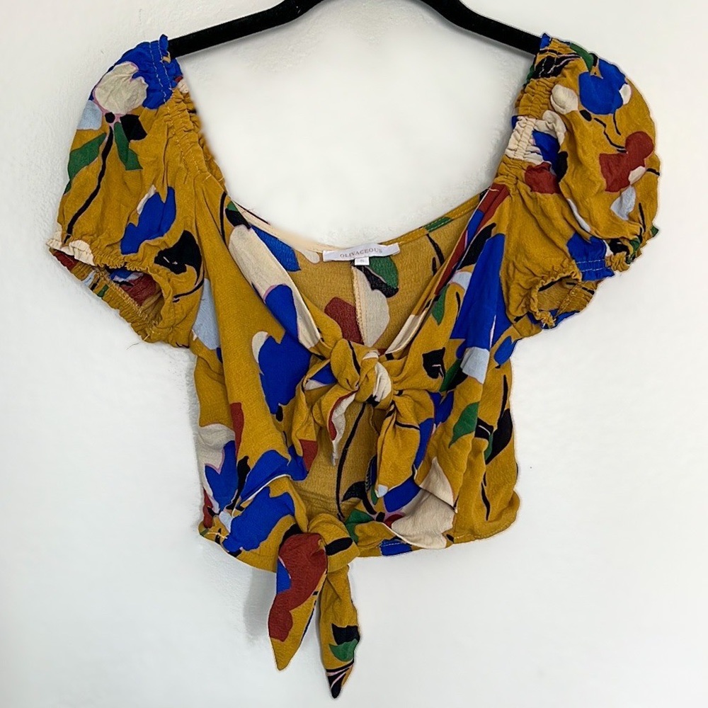 Floral Tie Front Crop Top w/ Puff Sleeves